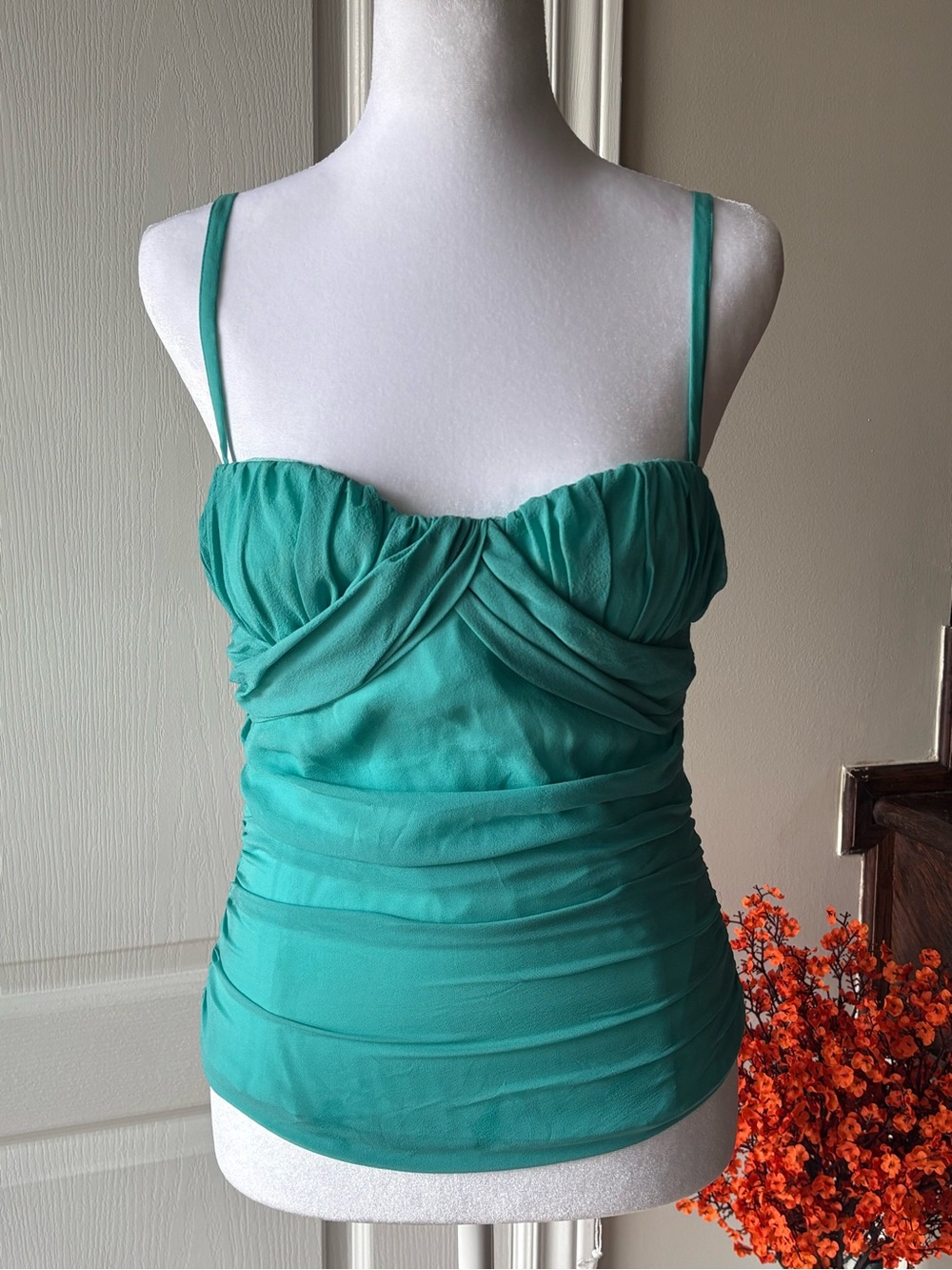 Versace Teal Silk Ruched Corset Top